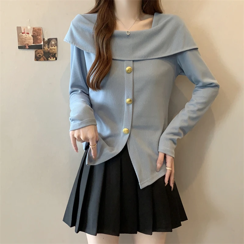 胖妹妹不规则一字肩长袖针织衫女春季新款大码显瘦遮肚子打底上衣