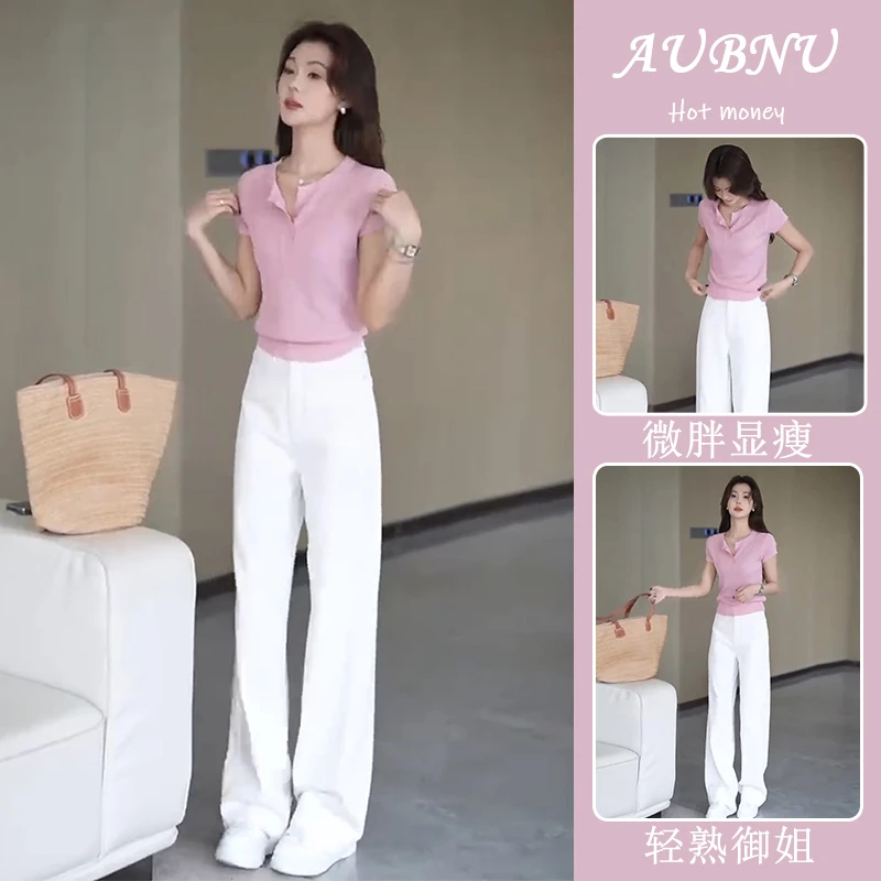 夏季减龄一整套穿搭韩系小个子多巴胺修身显瘦短袖T恤阔腿裤套装