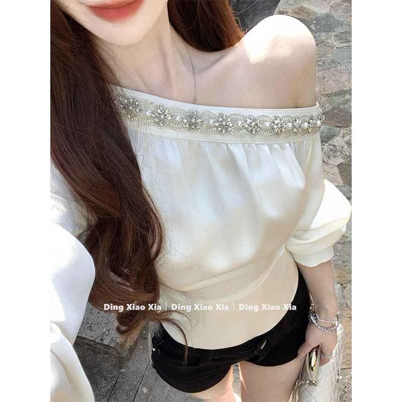 法式缎面斜肩衬衫女早春纯欲气质宽松显瘦收腰长袖高级感名媛上衣