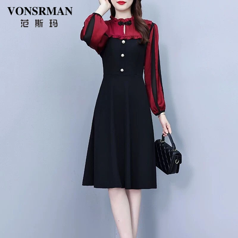 VONSRMAN连衣裙子女士装春秋冬季款2025年新款假两件收腰显瘦裙子