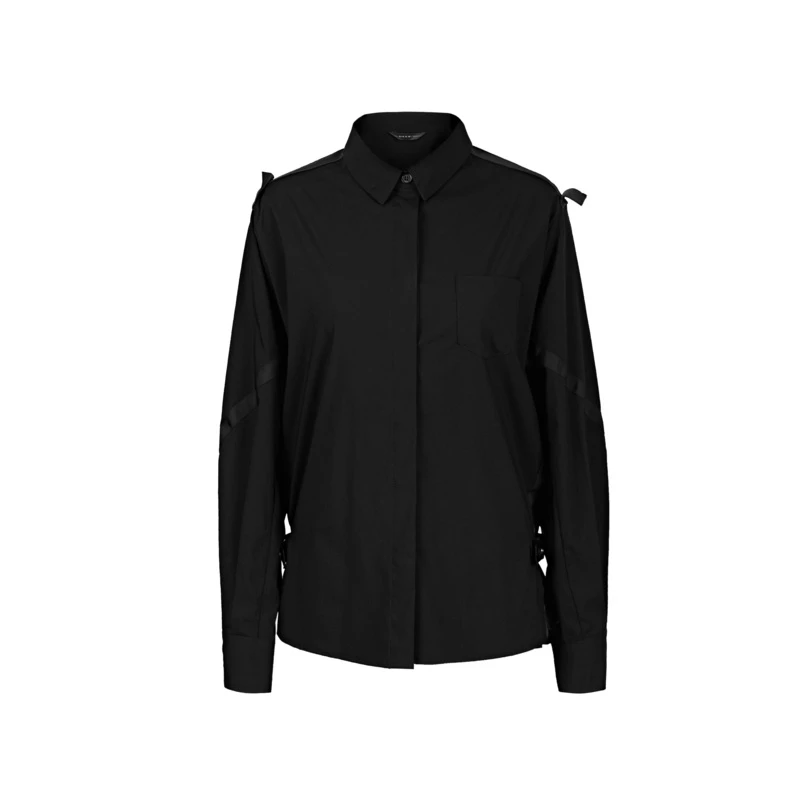 S·DEER圣迪奥时尚女装休闲翻领织带拼接黑色长袖衬衫S21380503