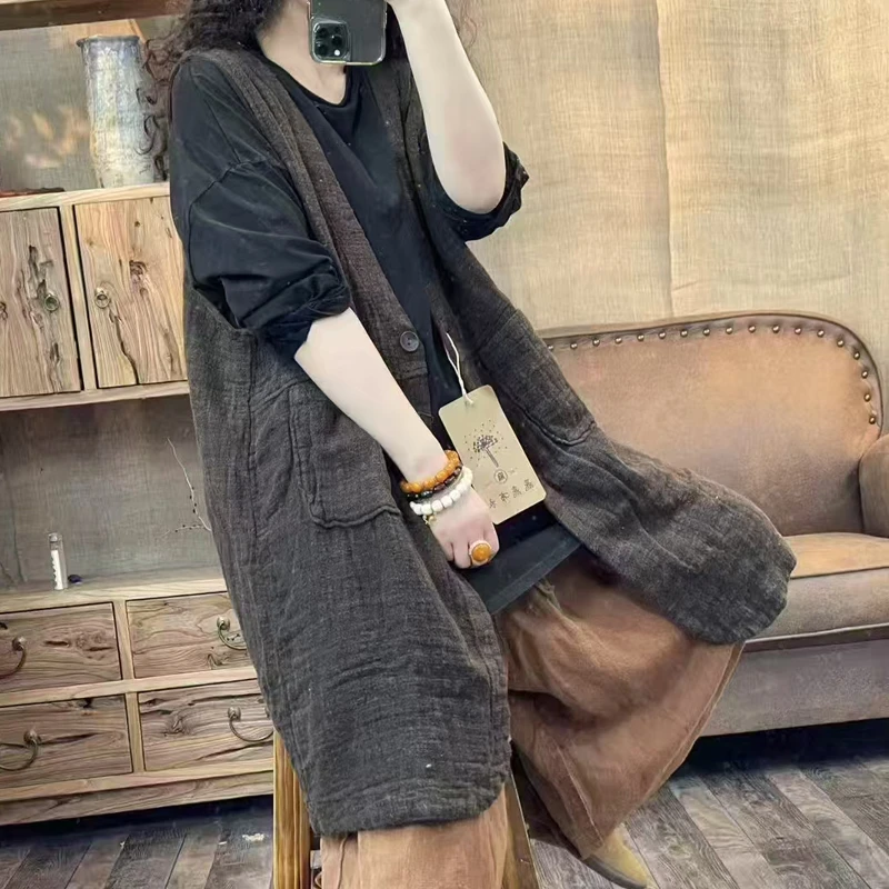 2025春季新款亚麻炒色做旧中长款女士休闲百搭马夹(长90胸围130