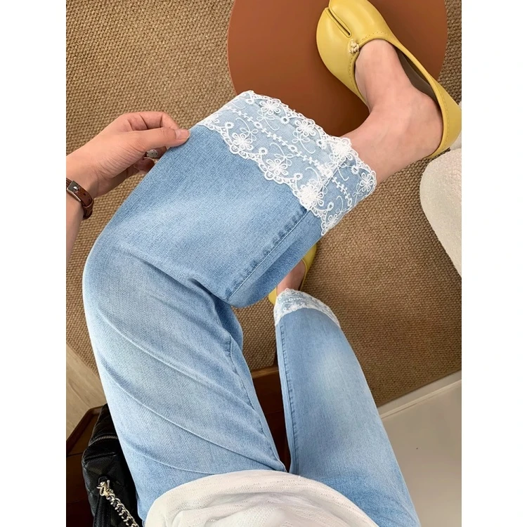 蕾丝花边大码直筒牛仔裤女夏季新款梨形身材高腰显瘦九分烟管裤子