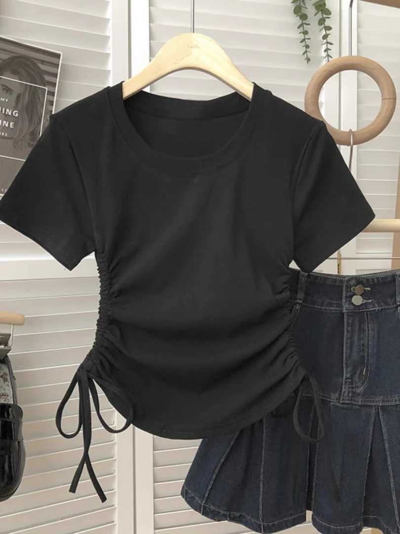 褶皱圆领短袖系带褶皱感女T恤修身百搭夏季辣妹韩版