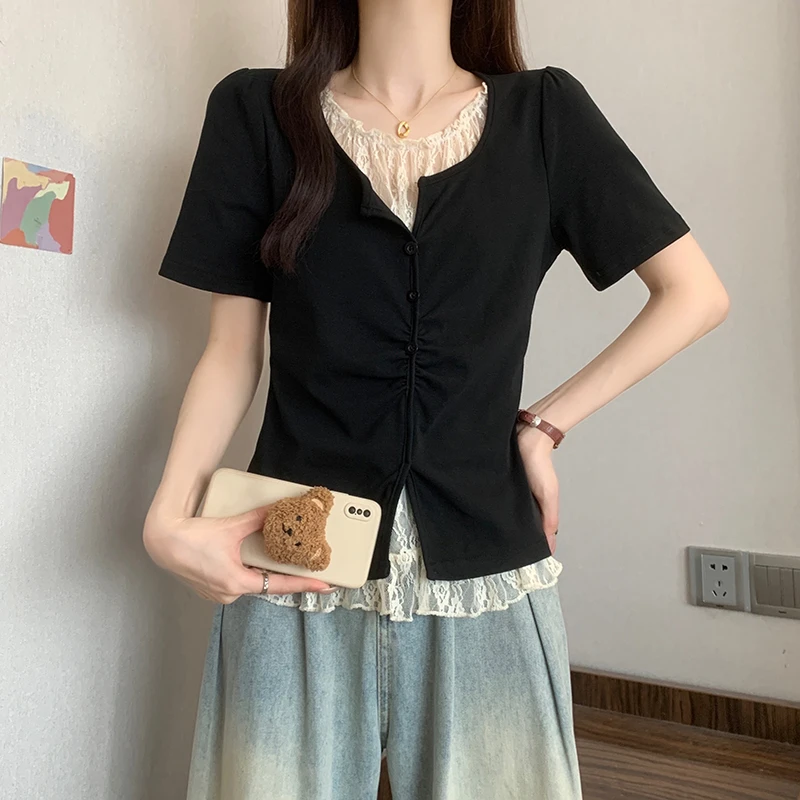 2025夏季新款胖mm大码女时尚设计感拼接蕾丝花边甜美短袖T恤上衣
