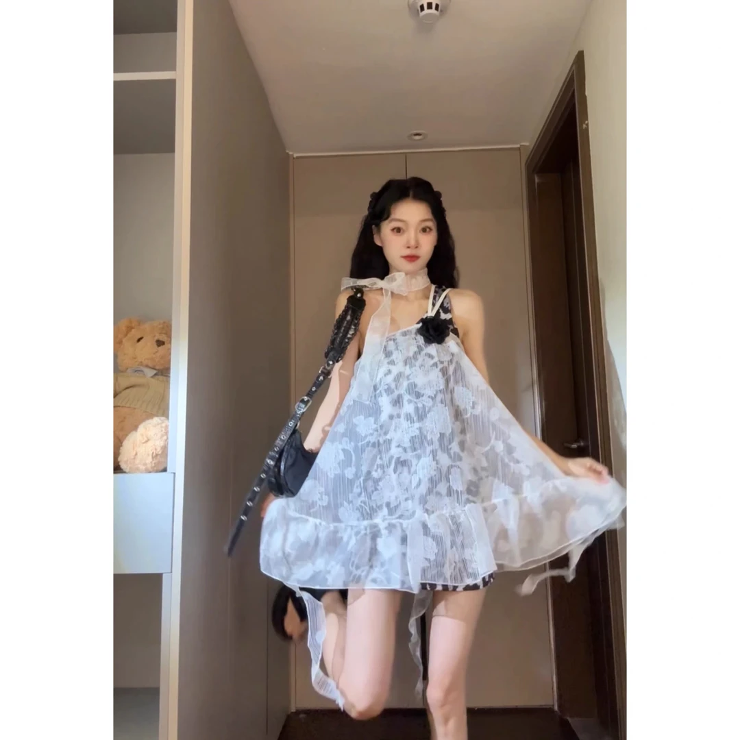 Seven七分糖纯欲辣妹设计感蕾丝飘带叠穿连衣裙两件套