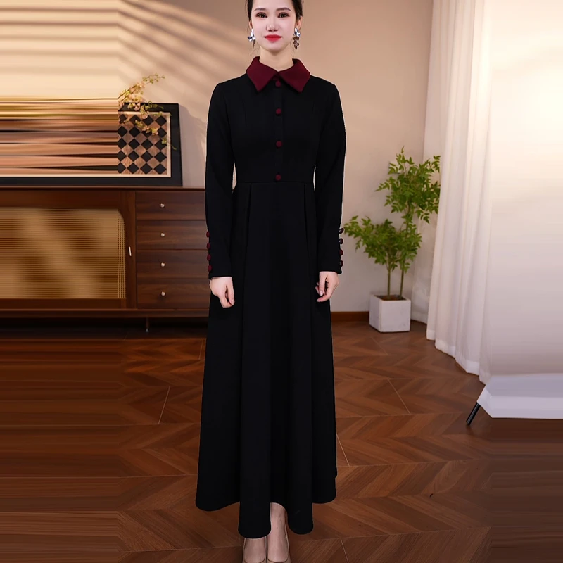 长裙冬季时尚连衣裙通勤风套头款纯色拼接常规娃娃领连衣裙高级感