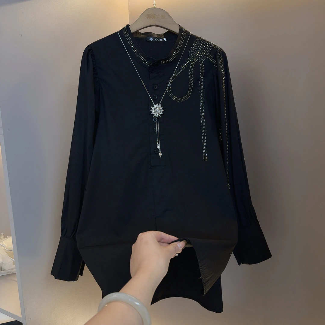 （韩衣）上衣气质衬衫显瘦黑色圆领长袖宽松冬季立领拼接打底