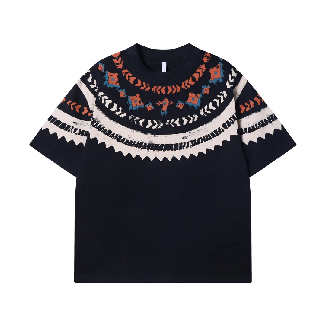 夏季高级感新款潮牌撞色印花圆领半袖T恤小众设计复古百搭上衣
