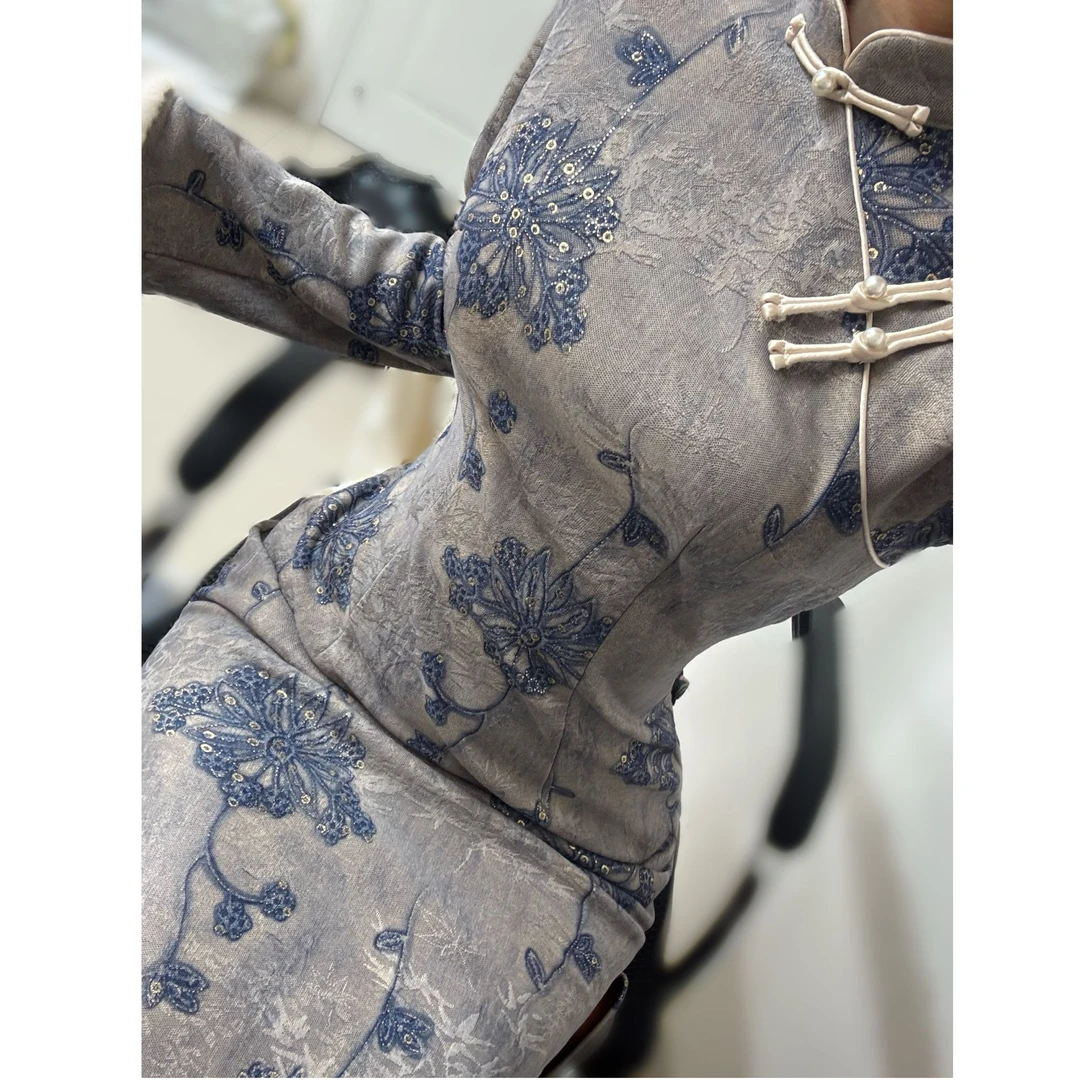 秋辞香~玉墨 长袖秋冬水貂毛气质复古显瘦优雅清雅旗袍