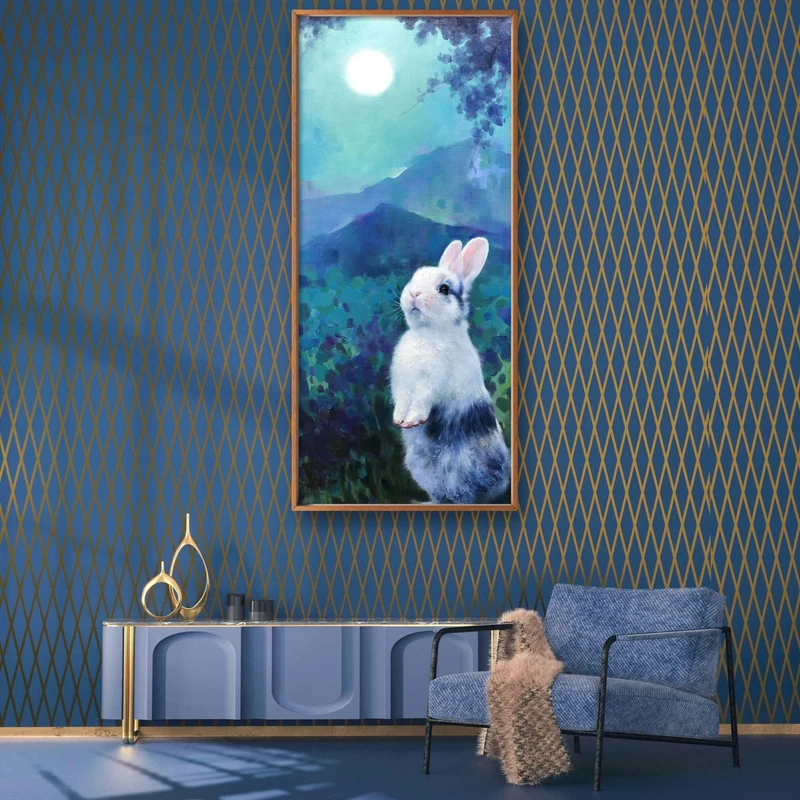 【吉祥兔】原创油画的肌理复刻版画仰望家乡玉兔客厅书房装饰画工艺
