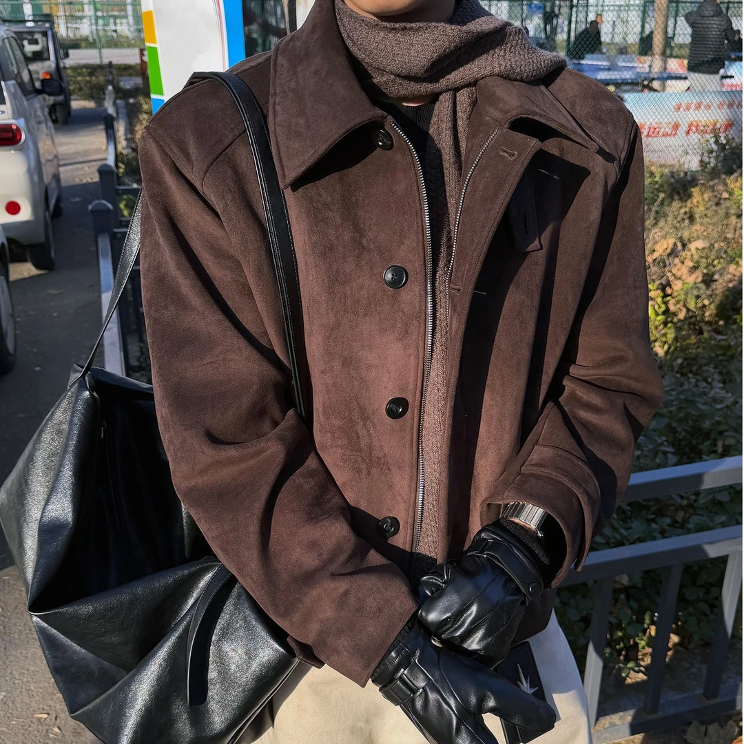 Onestep意产720g双面麂皮绒风衣夹克仿羊羔毛正肩牛角扣加厚外套