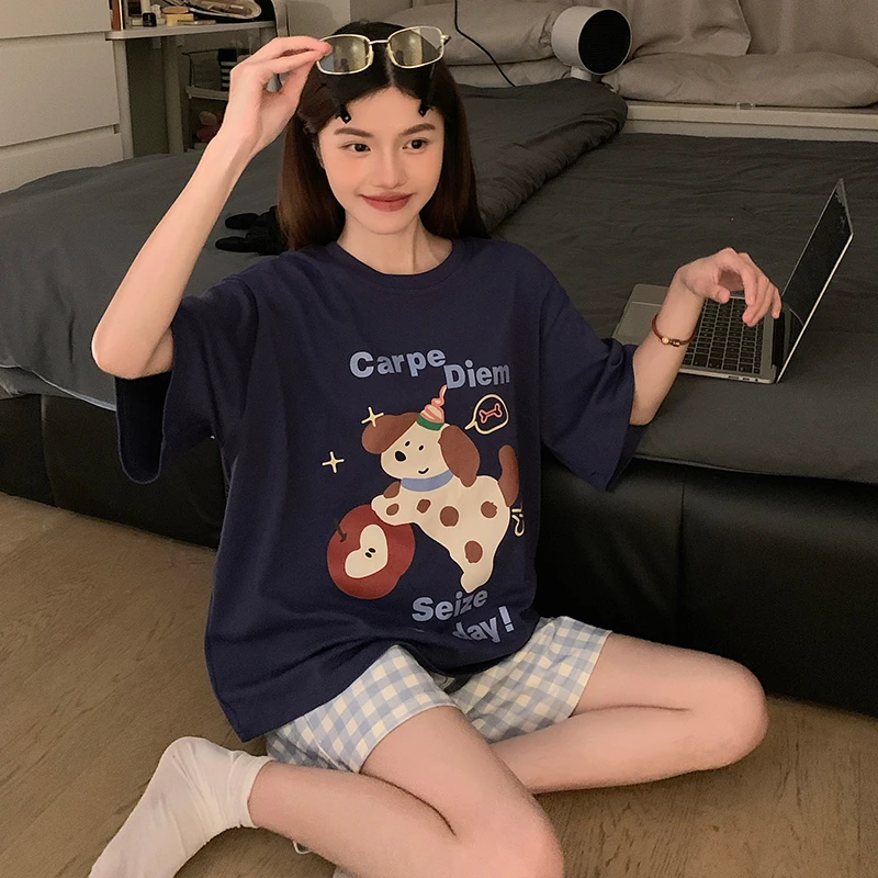 2025新款睡衣女夏季短袖短裤卡通可爱小狗印花夏天家居服套装