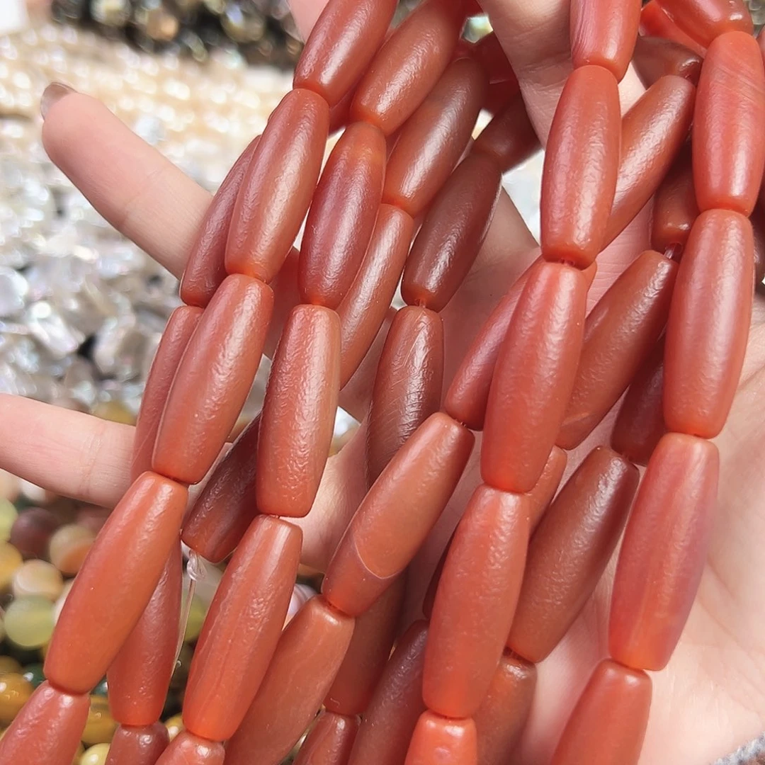 玛瑙/玉髓合金珠宝半成品a531天然缠丝红玛瑙桶珠一条