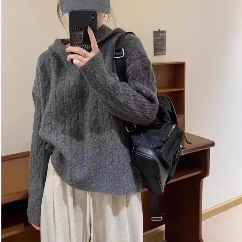 灰色连帽长袖针织衫女秋新款慵懒风日系麻花外穿毛衣宽松上衣