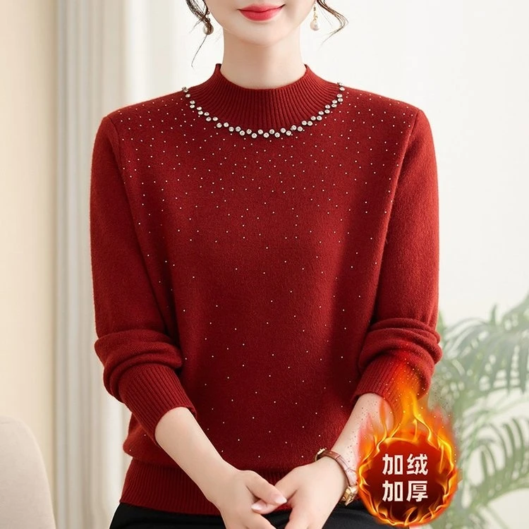带钻款女装宽松洋气妈妈加厚打底衫加绒针织衫时尚冬季百搭半高领