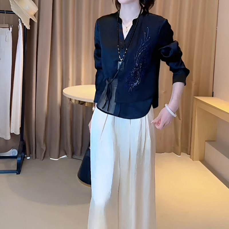 新中式国风提花刺绣套装女2025春秋高级感上衣+直筒休闲裤两件套