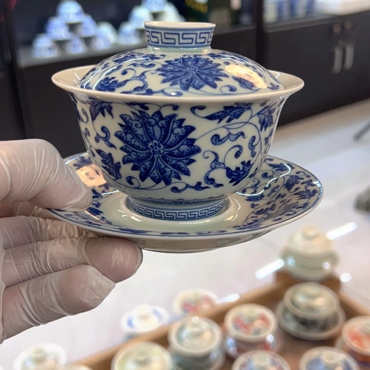瓷片白青花缠枝莲元宝盖碗全品