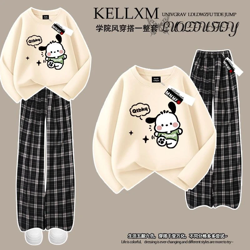 男女童2025春秋洋气帕恰狗印花纯棉t恤长袖格子裤套装百搭两件套