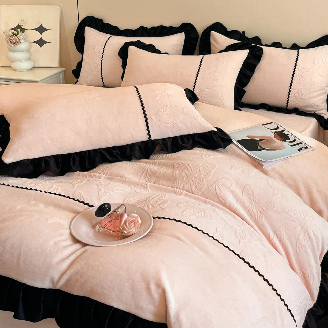 冬季少女心法式加厚牛奶绒床上四件套双面加绒被套珊瑚绒床单被套