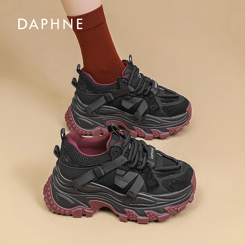 达芙妮老爹鞋厚底网面2025新款秋季透气增高休闲运动鞋女6268D