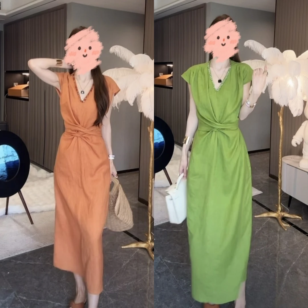 2025夏季亚麻法式V领高腰连衣裙女韩版百搭显瘦收腰设计感裙子