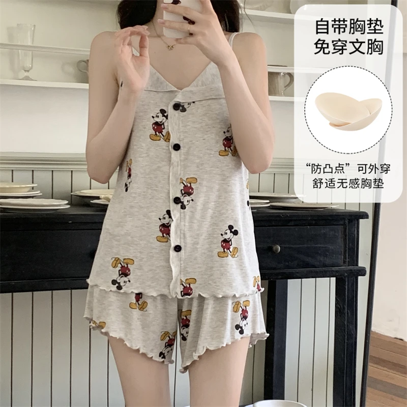 夏季露背吊带套装莫代尔日系带胸垫睡衣女超软超凉手感家居服睡衣