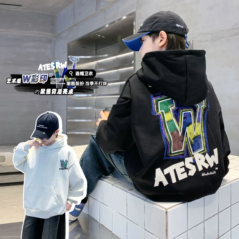 春秋季儿童帅气潮酷连帽卫衣男童秋款印花卫衣中大童秋冬加绒童装