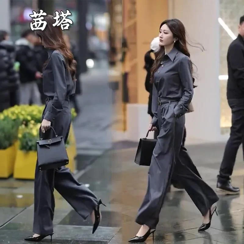 早春职业气质气小个子气场强大通勤职业深灰色衬衫裤子两件套装女