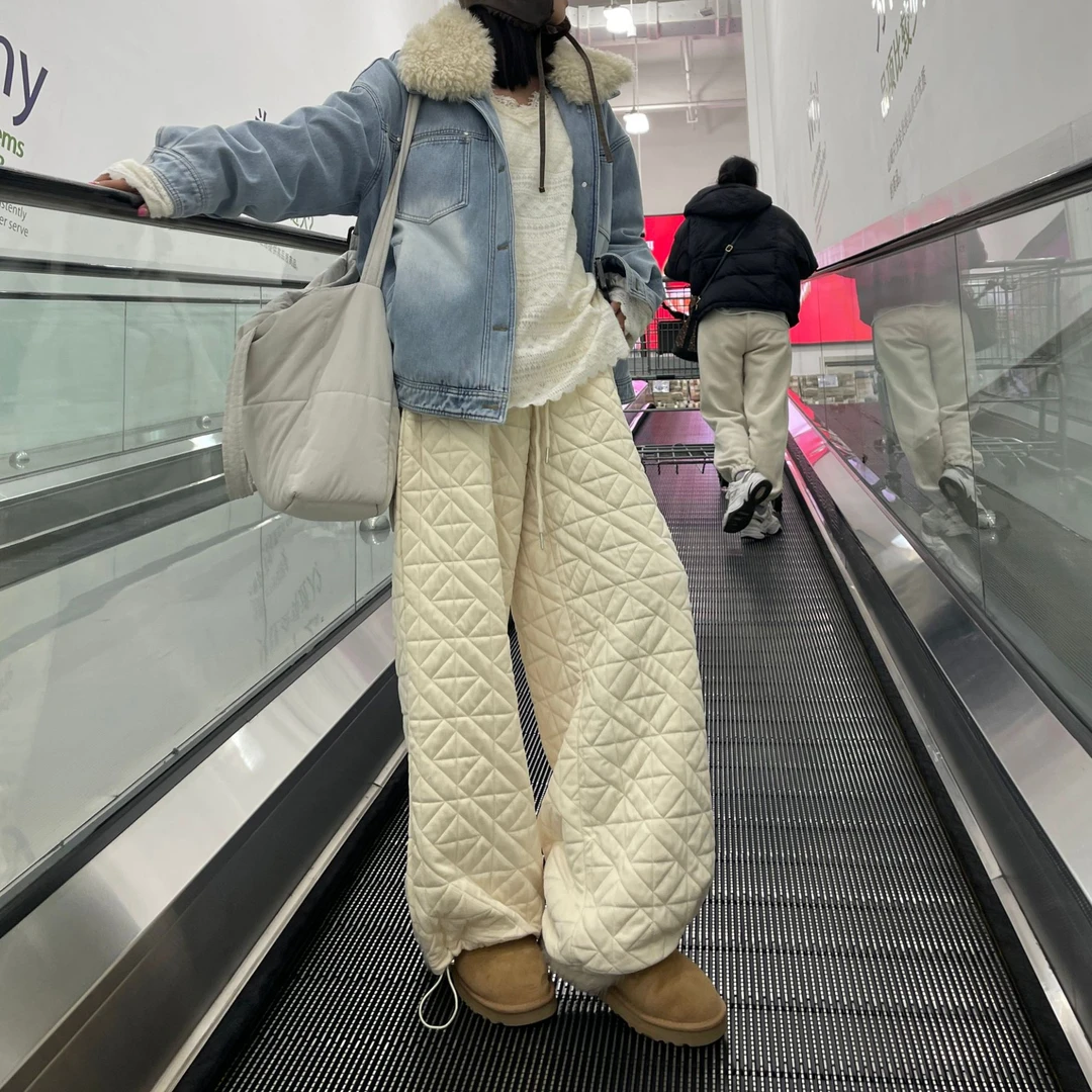 【斯拉夫之行】北欧风绗缝绣阔腿裤女高腰显瘦宽松冬季休闲束口卫裤