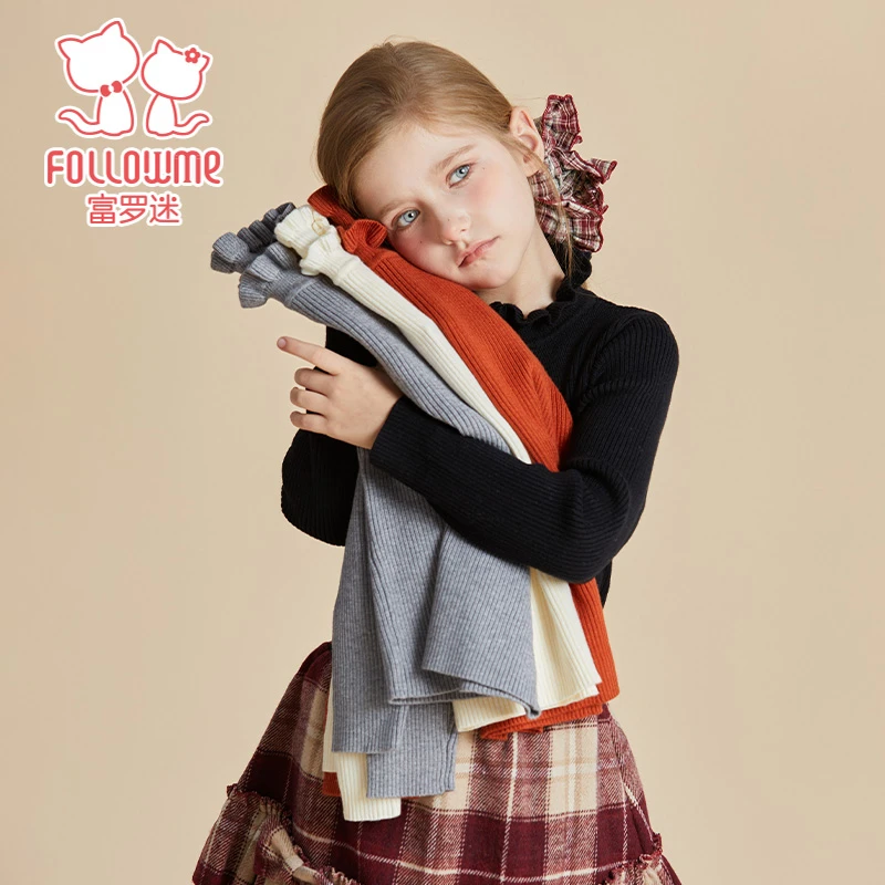 富罗迷女童毛衣秋冬款半高领纯色打底衫花边领针织毛衣F5D2291M