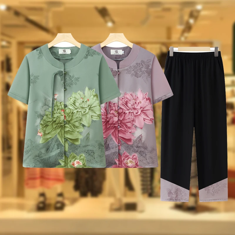 奶奶装夏装中袖套装老年人夏季女装国风两件套新中式上衣妈妈衣服