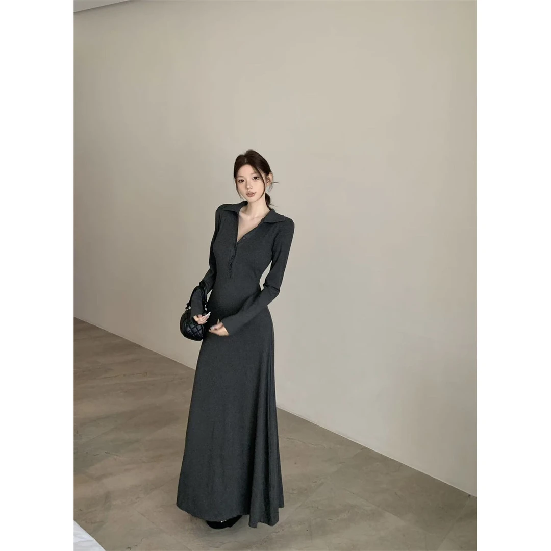 洋气衣服女翻领polo长袖收腰连衣裙辣妹包臀长裙修身显瘦
