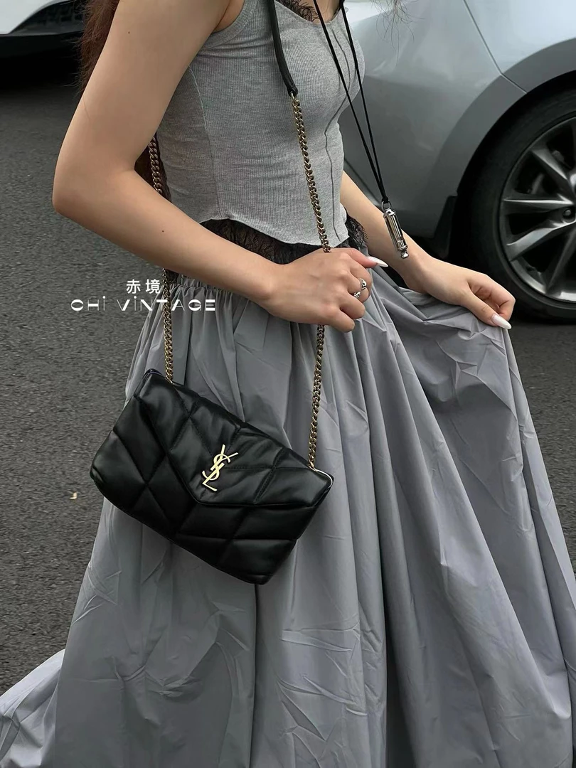 95新 YSL/圣罗兰 0572 黑金Puffer泡芙单肩斜挎包小号