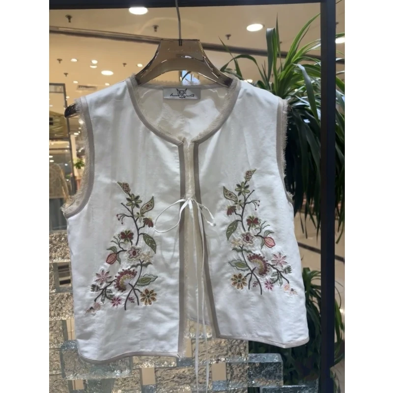 现货【花朵绑带马甲】2025夏新品中国风花卉刺绣绑带棉麻马甲