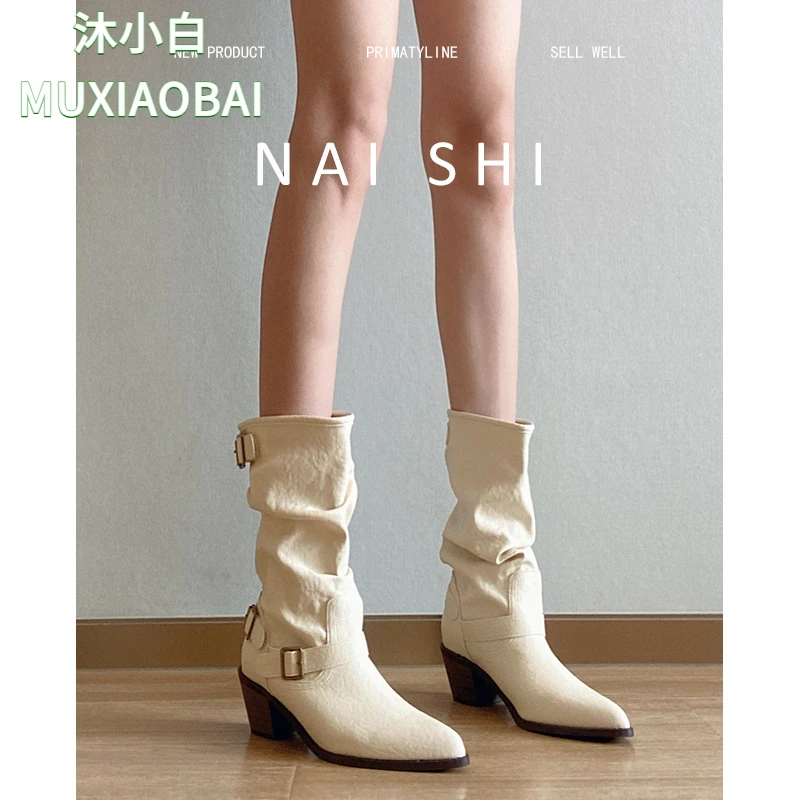 羊皮革!英伦风马丁靴粗跟显瘦短筒西部牛仔靴白色尖头秋季女鞋子