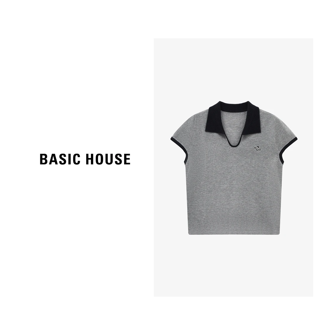Basic House/百家好夏季莱赛尔翻领亚麻短袖针织衫-B0625B5BFP2