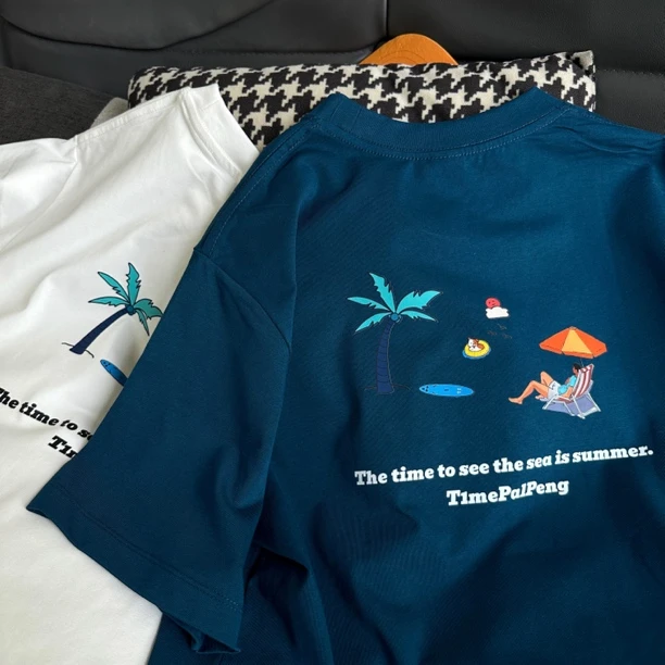 T1MEPALPENG原创潮牌夏日海边凉感T恤男士宽松短袖情侣卡通印花