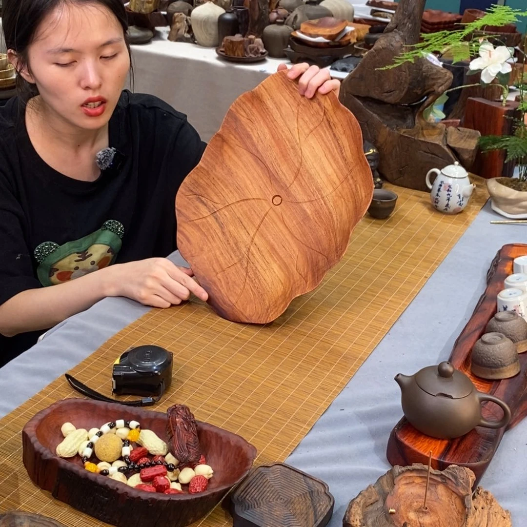 缅甸花梨木荷叶果盘36-27-4