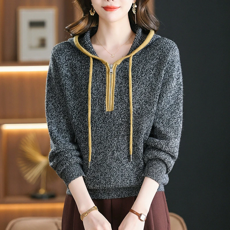 羊毛连帽毛衣女秋冬2026新款洋气妈妈冬季慵懒风针织打底衫大码厚