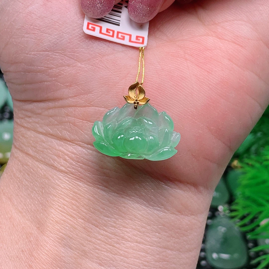 缅甸天然翡翠A货 18k金镶飘花莲花吊坠18/1028尺寸12x19.2x4.7