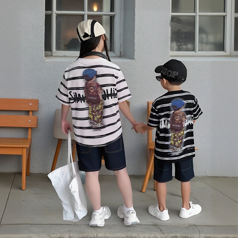夏季男女童宽松洋气条纹短袖 T恤个性潮酷套装中大童2025新款夏装