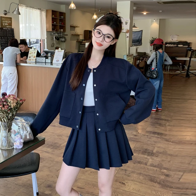 大码胖mm时尚减龄两件套半身裙棒球服开衫外套百褶短裙套装女春季