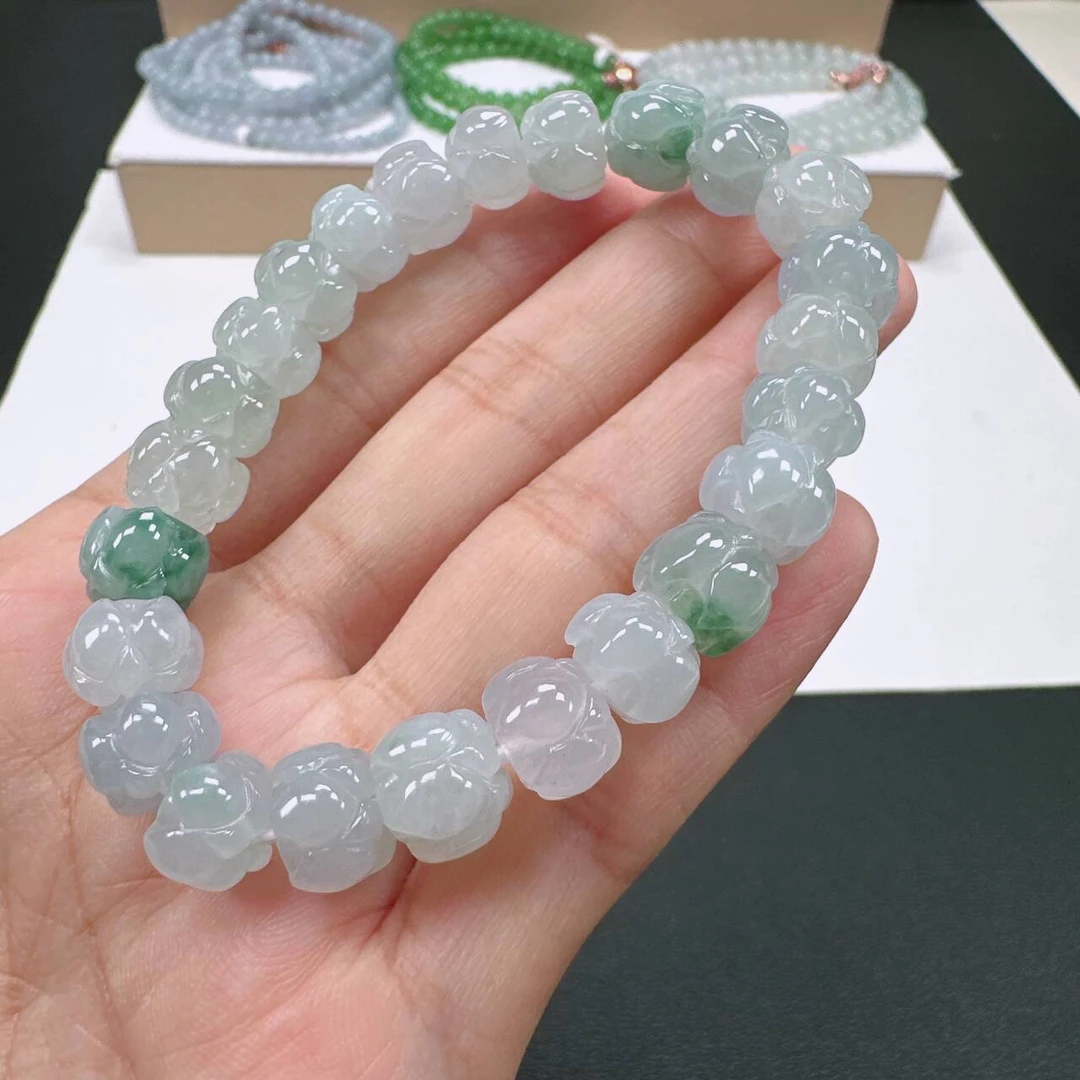 天然A货翡翠手串卡9.8mm老坑冰胶水润飘花莲花珠女士手串