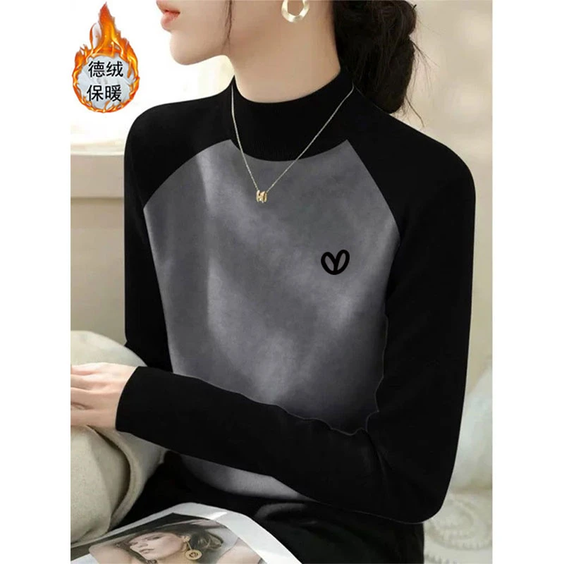 2025秋冬新款拼色德绒半高领长袖t恤女时尚百搭加厚款保暖打底衫