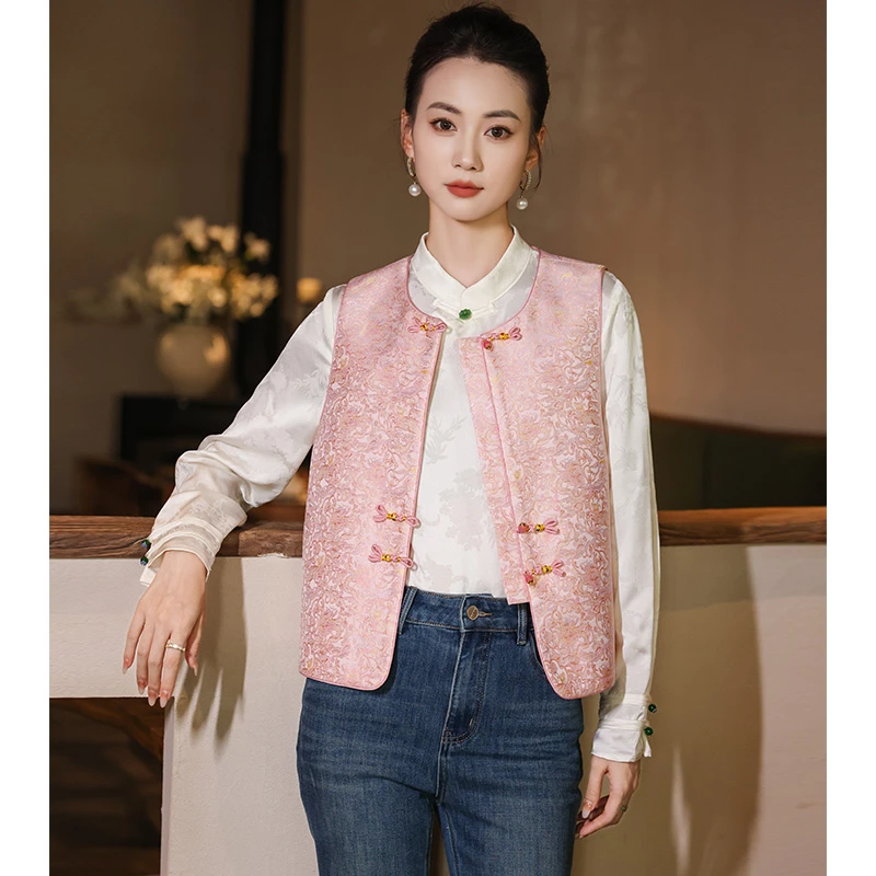 加棉女圆领提花民族风马夹气质中国风时尚印花中式马甲