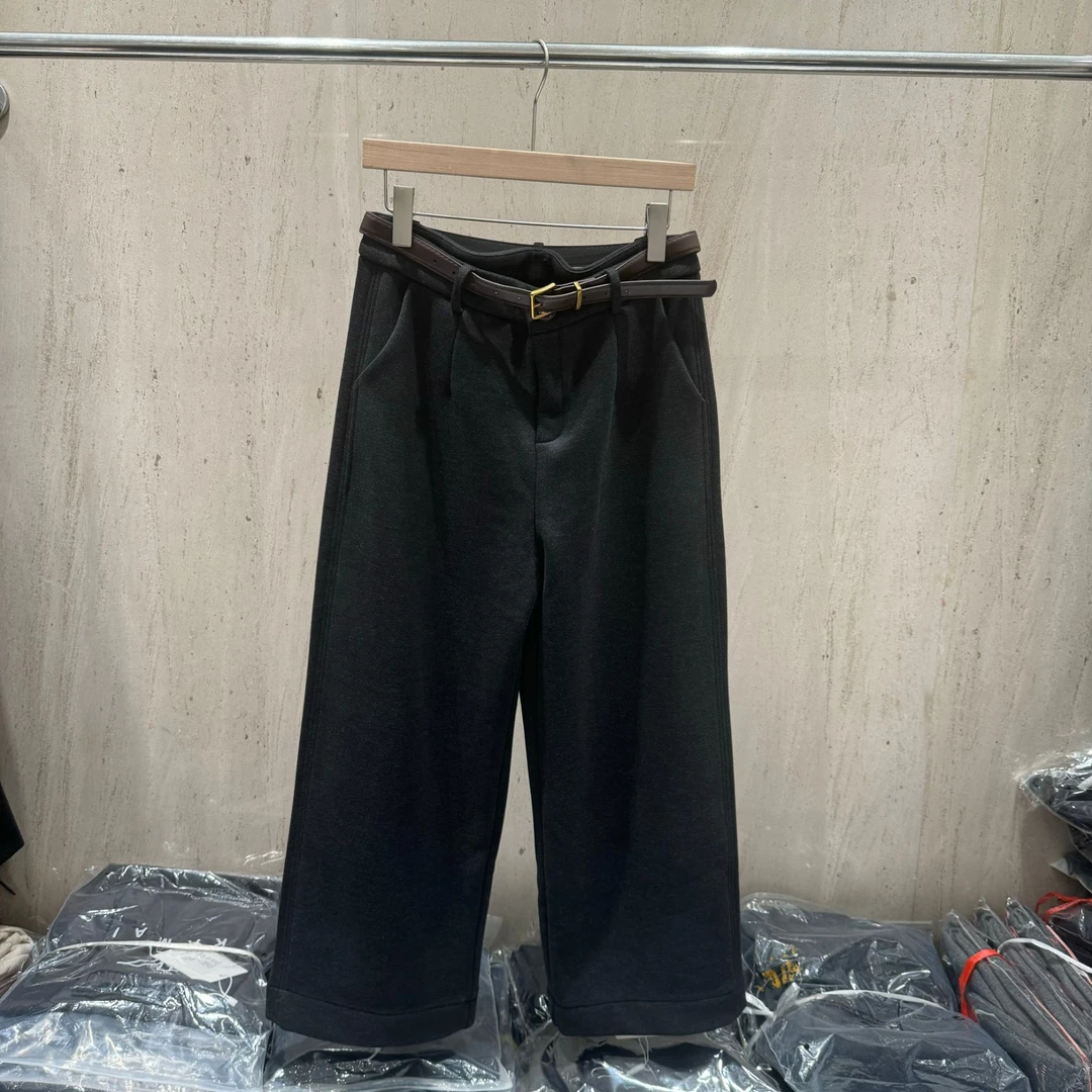 欧货女2025秋冬松紧腰休闲宽松百搭毛呢加绒直筒裤阔腿裤