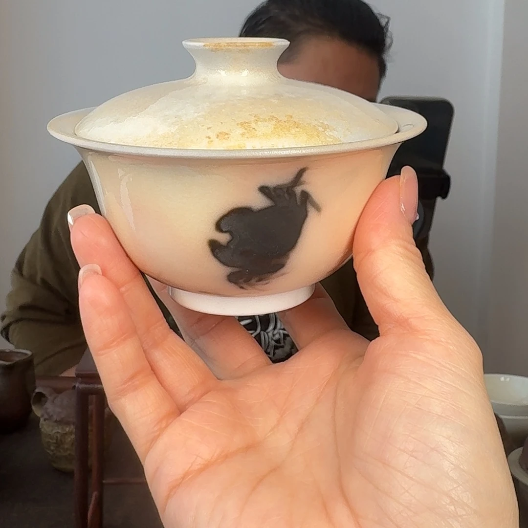 补差青花瓷胎柴烧裸烧盖碗