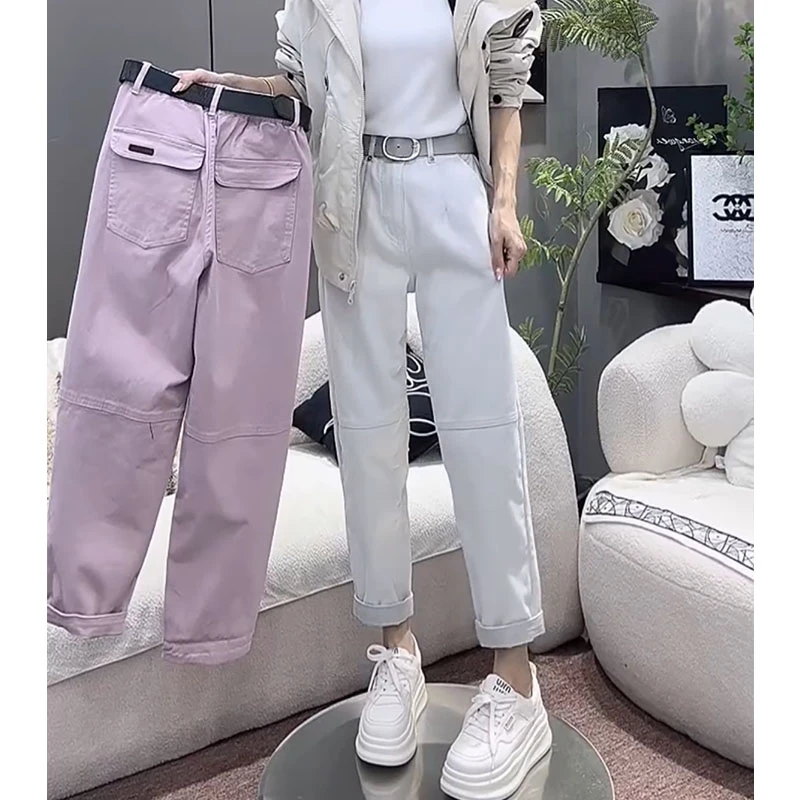 大码工装牛仔裤女2025新款春夏胖mm显瘦直筒宽松九分哈伦老爹裤子