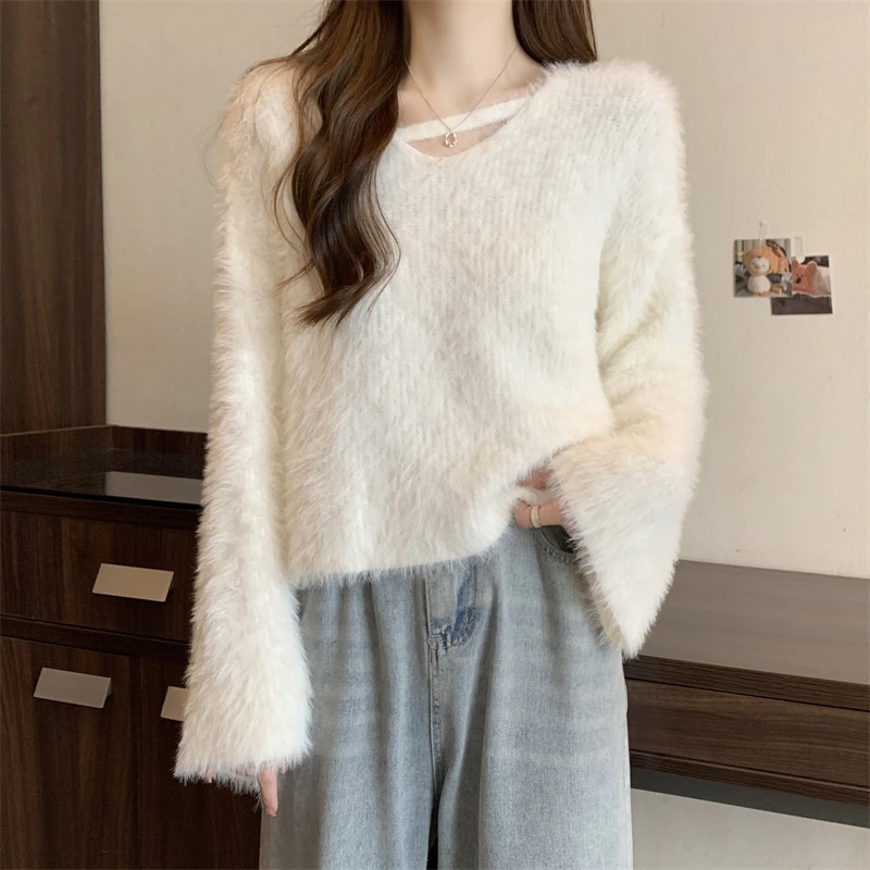 仿水貂毛慵懒风软糯毛衣女士秋季胖mm显瘦V领挂脖针织衫短款上衣
